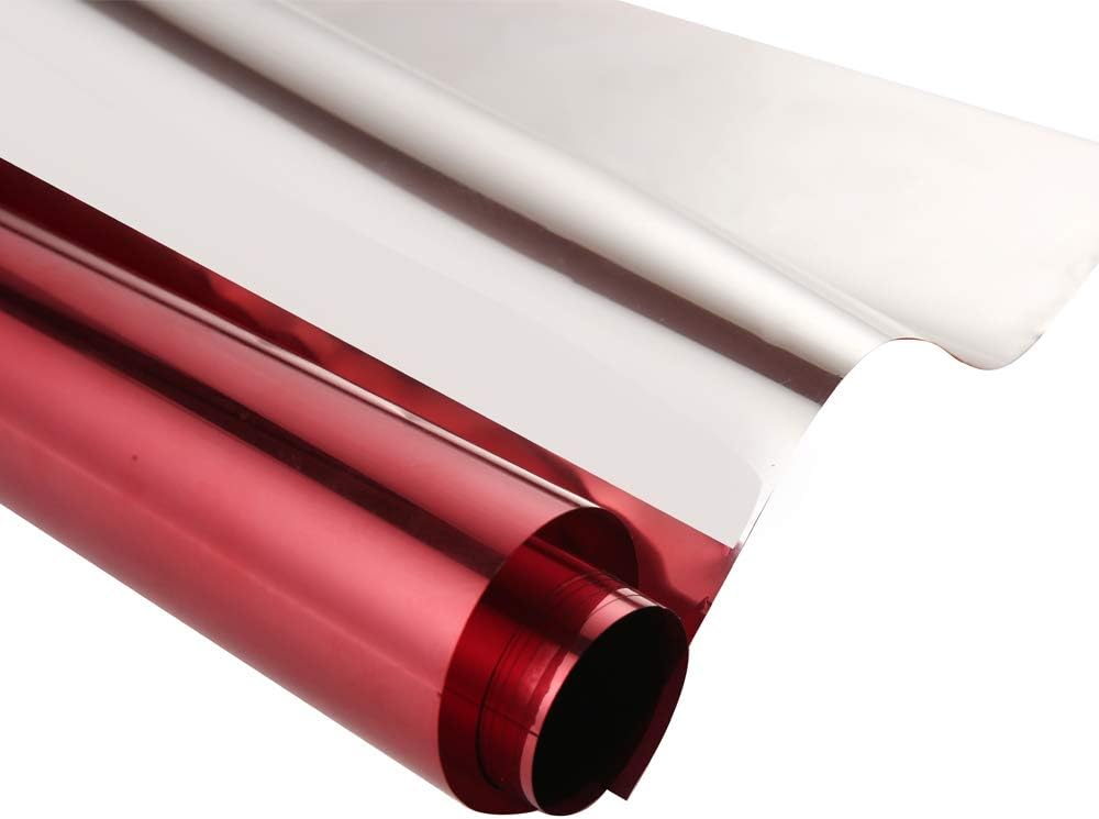 Reflective Window Privacy Film Anti UV Heat Control One Way Mirror Window Tint Adhesive Day Time Privacy Protection Window Sticker Vinyl, Red Silver, 20inches x 16.5feet