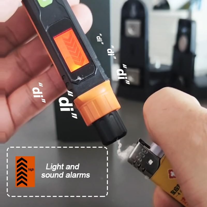 Close-up of the gas leak detector's display screen showing a bar graph and an orange power button.