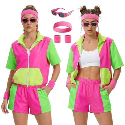 Essestim Women's Color Block 80s 90s Tracksuit,5 Piece Short Sleeve