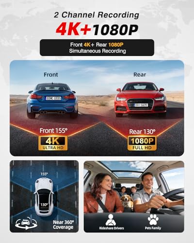 Image of 4K Dash Cam Front and Rear, HDR Night Vision Dash Camera for Cars 64GB Card 5.8GHz WiFi6 up to 20MB /s APP Control Dash Cams Built-in GPS, G-Sensor, Loop Recording, 170Wide Angle, 24H Parking Mode