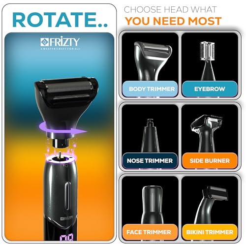 Image of Frizty 6 in 1 Body Hair Trimmer for Men and Women | 90 minute runtime | 1 year warranty | Trimmer for Eyebrow, Face, Beard, Body, Bikini and Underarms | Hair Removal Machine For Men and Women