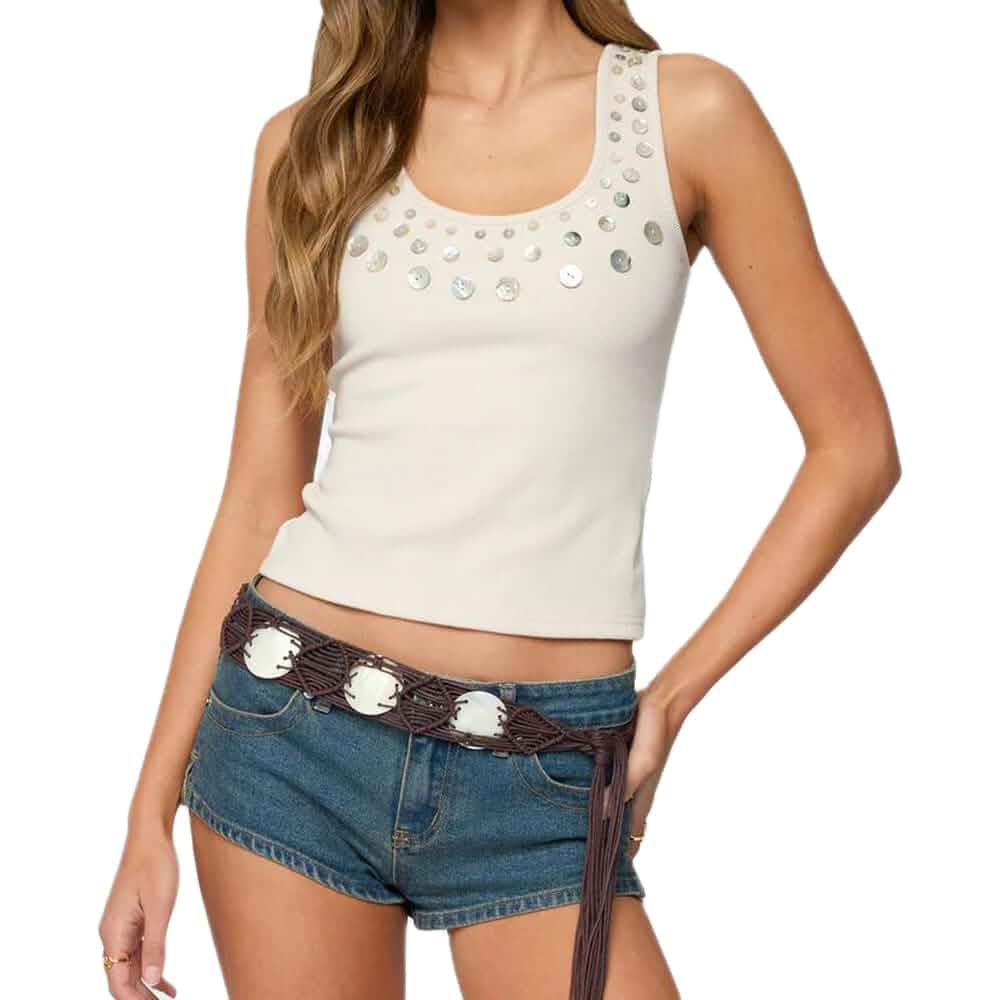 Women Y2K Scoop Neck Tank Top Button Decor Ribbed Knit Crop Top Summer Going Out Tank Top for Women Studded Sleeveless Slim Fit Crop Top 90s Vintage Vest Shirt Beach Party Club Streetwear