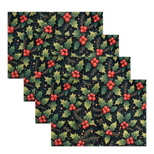 Image of Dining Table Mats Set of 4 - Cherry Christmas Leaves Theme,Digital Print, Washable, Indoor /Outdoor, Heat-Proof, Wipe & Clean (47X33 cm) Red & Green