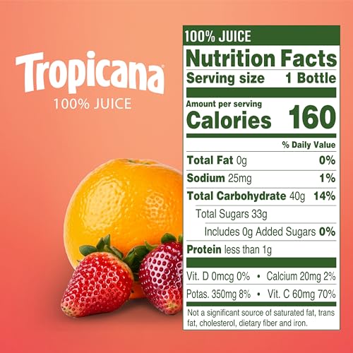 Image of Tropicana 100% Orange Strawberry Juice,�Single Serve, 10 Fl Oz Bottles (Pack of 24) - Real Fruit Juice, Vitamin C, B & E Rich, No Added Sugars, No Artificial Flavors