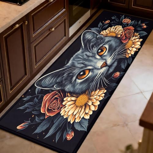 Tapis de Cuisine Devant évier 50x150 cm Animaux Chat Fleurs Tapis Sol Gris Lavable antidérapant Absorbant Couloir Salon Chambre
