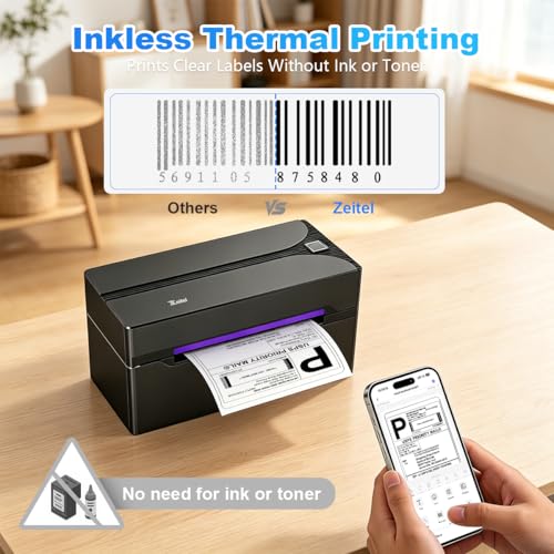 Image of Zeitel Bluetooth Thermal Label Printer Machine 4x6 Barcode Shipping Label Maker Portable Sticker Printer with 1 Roll 100 * 150MM Paper & Holder, 20-110mm Adjustable, Compatible with Mobile&Laptop