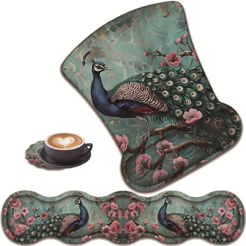 3 in 1 Keyboard Wrist Rest + Mouse Pad and Coaster, Ergonomic Gel Mouse Pad and Keyboard Pad Set, Comfortable Lightweight for Easy Typing Pain Relie, Peacock