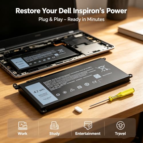 Image of WDX0R Laptop Battery for Dell Inspiron 13 5368 5378 7368 7378, 15 5565 5567 5568 5578 7560 7570 7579, 17 5765 5767 5770 Series | 11.4V 42Wh Replacement | Compatible with 3CRH3, P58F, P69G