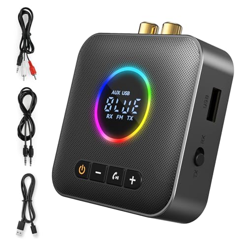 AXFEE USB Bluetooth 5.4 HiFi Receptor y Transmisor Adaptador 2 en 1, Salidas 3.5mm Jack y RCA,con Modo de Graves, para Estéreo/Altavoz/Teléfono/PC/Tableta/Portátil
