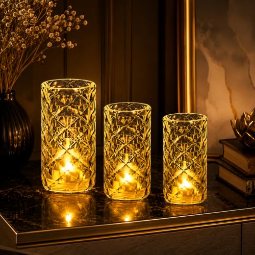Image of VERVENIX 3 Pcs Set Diamond Flameless and Smokeless Decorative LED Tea Light Candles, Transparent Acrylic Lights for Festive Diwali Decoration (Combo Set: 9 cm, 7 cm, 5 cm, Warm White)