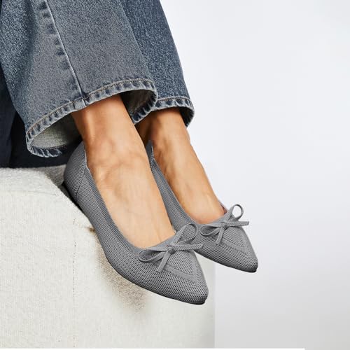 Image of TINGRISE Women's Flats Pointed Toe Bow Knit Ballet Shoes Comfortable Dressy Mesh Slip On Flat