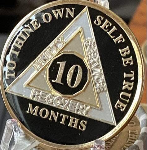 10 Month AA Medallion Glossy Classic Black Sobriety Chip