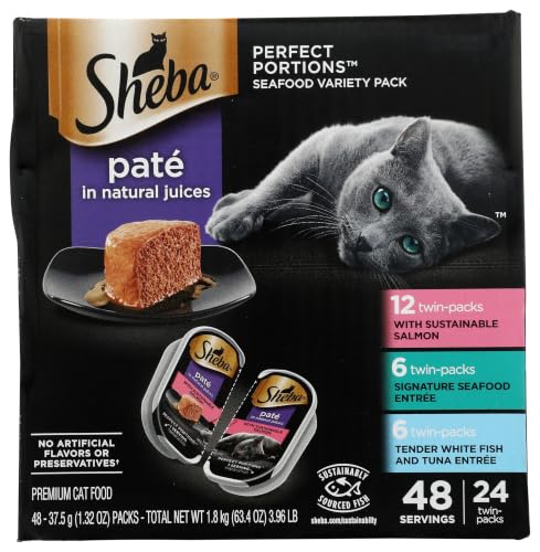 Sheba Perfect Portions Pate Wet Cat Food, Seafood Variety, 2.6 oz, 24 ct | Grain-free, made in USA, Sustainable Salmon, Signature Seafood & Whitefish Tuna, no artificial flavors, twin-pack trays