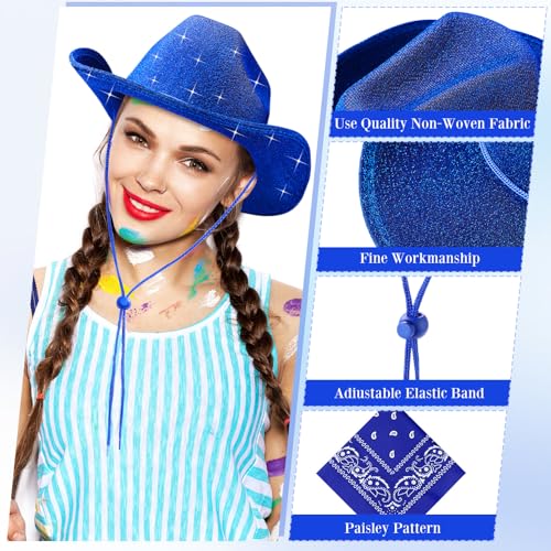 Image of Coume 12 Pcs Sparkly Adults Cowboy Hat and Bandanas Women Men Western Glitter Cowgirl Party Hats with Adjustable Drawstring