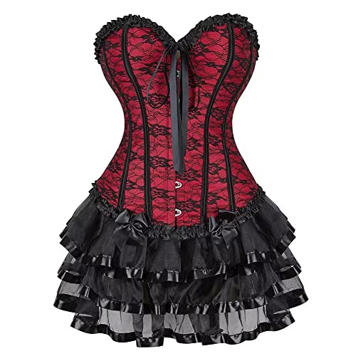 Jutrisujo Corset Femme Bustier Avec Jupe Robe Tulle Sexy Dentelle Floral Guêpière Lingerie Grande Taille Burlesque Rouge 3XL