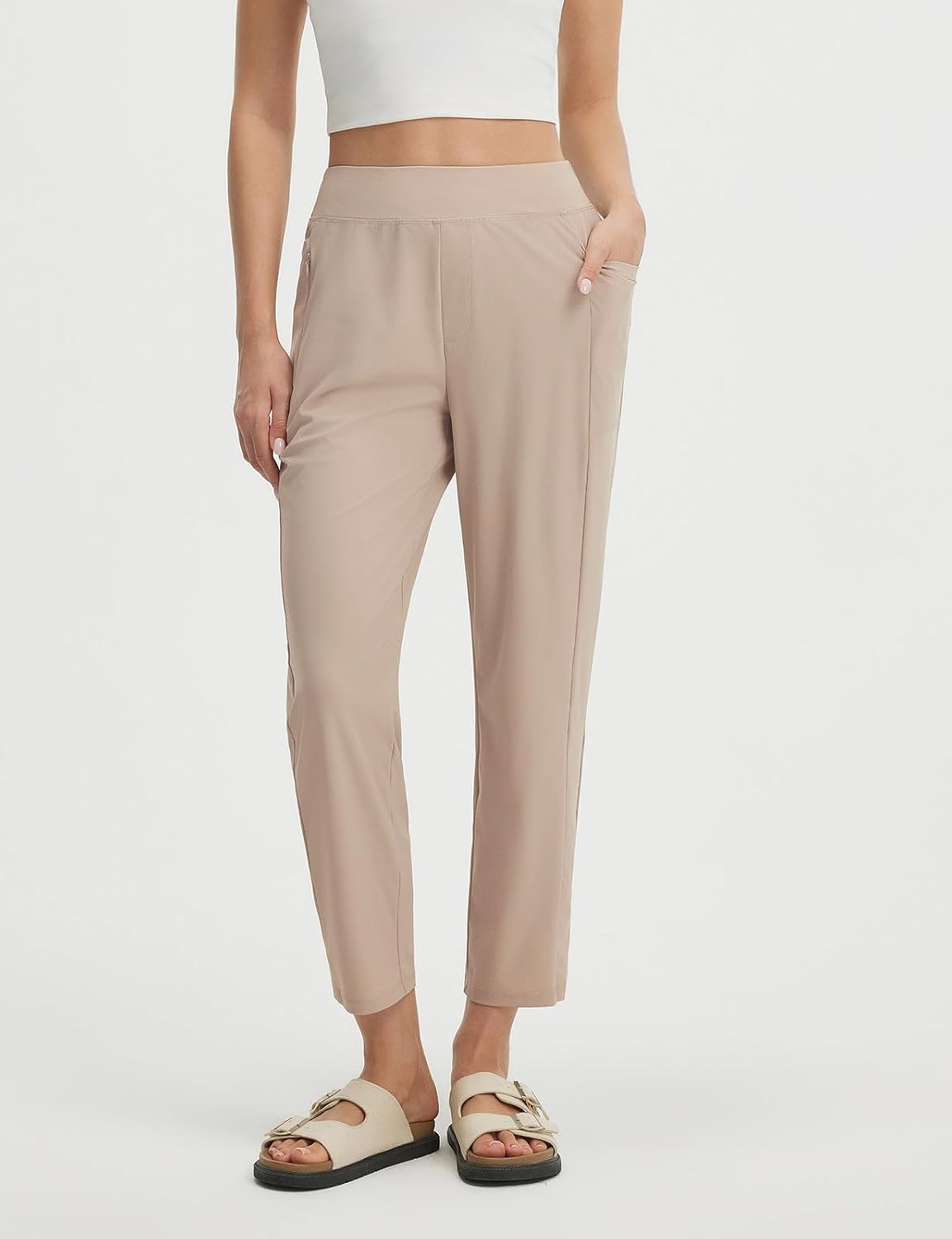 baleaf Women's Petite Casual Pants with 3 Pockets 25" Ankle Golf Pant Pull On Stretchy 7/8 Travel Work Slacks Khaki XS