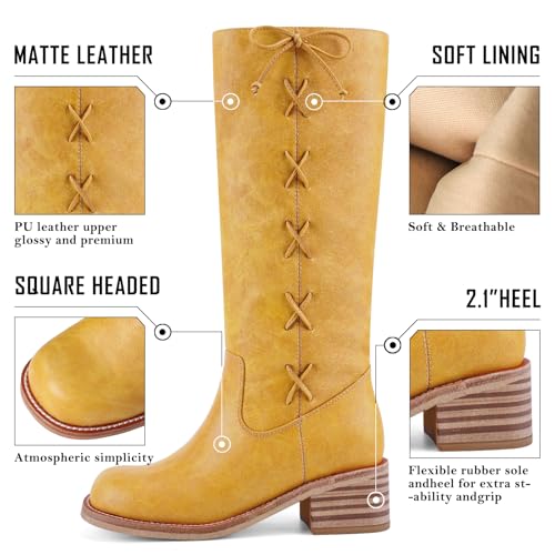 Image of UBWDU Women's Knee High Boots Chunky Block Heel Long Boots Square Toe Low Heel Boots for Women