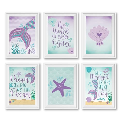 Image of Hadley Designs 6 Mermaid Room Decor for Girls - Mermaid Wall Art for Bedroom and Bathroom, Reversible Unframed Under the Sea Prints for Girls Bedroom, Kids Room Decor Posters, Made in USA