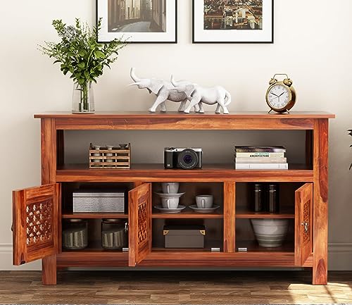 Image of Wooden Sideboard Cabinet with Storage Doors | Modern Console Table for Living Room, Dining Room & Entryway | Multipurpose Buffet Cabinet (Honey Finish)