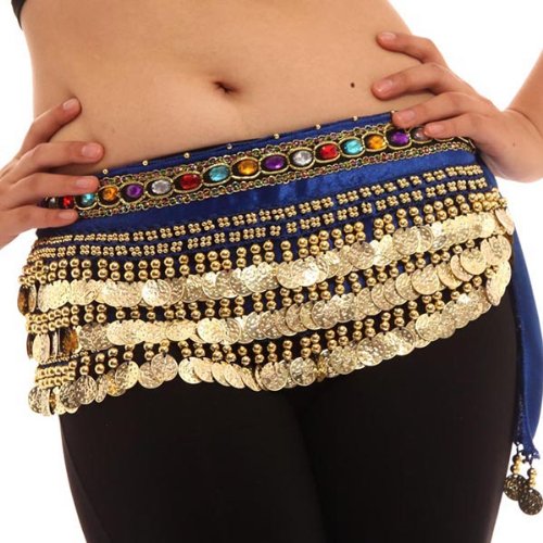 Image of VRITRAZ Women's Chiffon Belly Dance Hip Scarf Waistband Belt Skirt Mixed Colors Beads and Golded Coins 56 Black