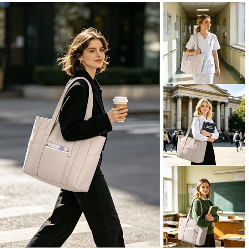 Image of CTWWFS Large Tote Bag for Women with Zipper, Nylon Lightweight Work Tote with 15.6 inch Laptop Sleeve, Nurse Bag for Work College