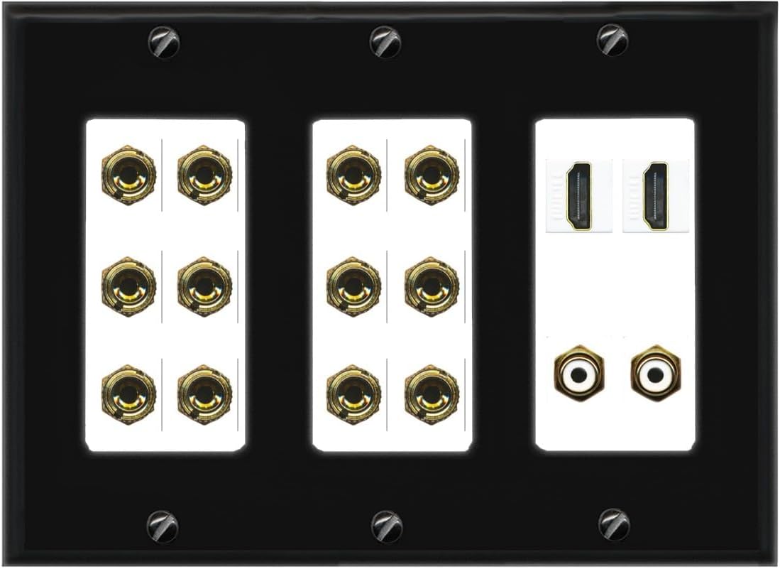 RiteAV 6.2 Surround Sound 6 Speaker 12 Banana Plug Jack Wall Plate w/ 2 RCA Subwoofer + 2 HDMI Female Connectors - 3 Gang [Black/Gray]