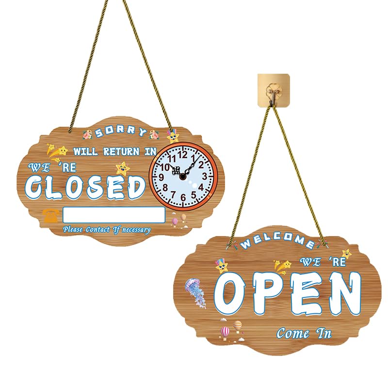 Cartello aperto e chiuso 8Gnituhs con orologio, cartello aziendale reversibile bifacciale, da appendere alla finestra o alla porta 40x25 cm, per "ritorneremo", "cartello temporaneamente chiuso",