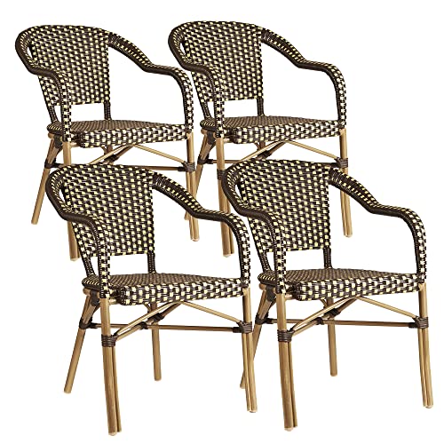 Image of PURPLE LEAF Outdoor Bistro Chairs with Arms Set of 4, Bamboo Finish, Brown