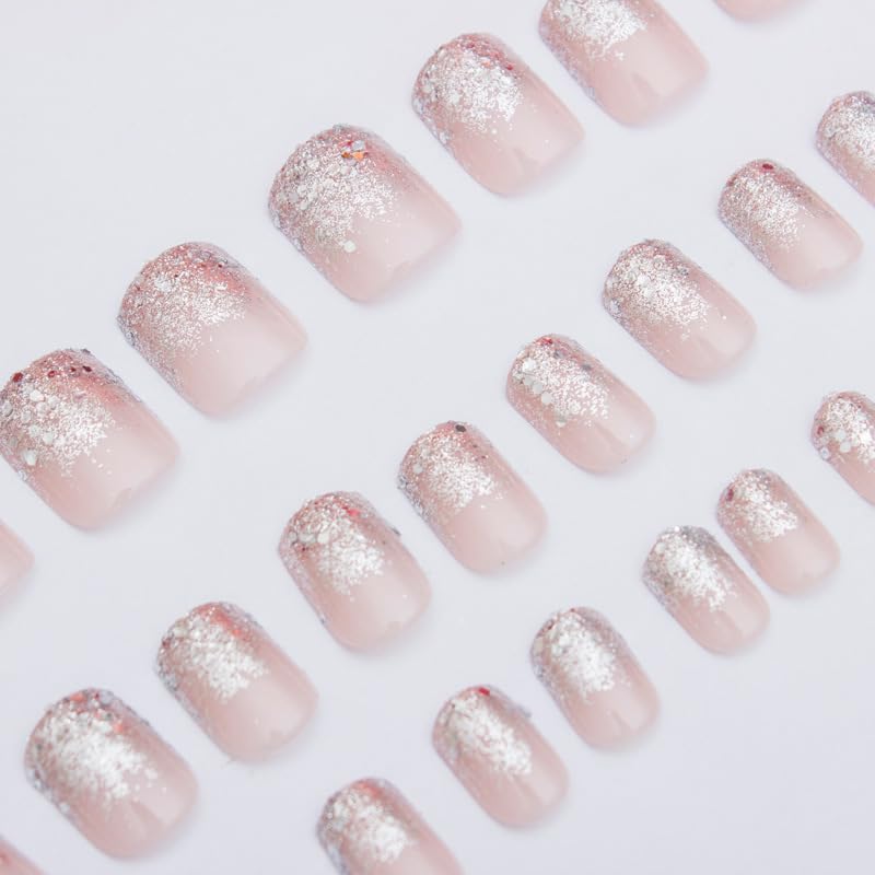 JUSTOTRY 24 Pcs Silvery Glitter False Nails Short Pattern,Pink French Square Press on Nails,Glossy Fake Nails Medium for Nails Art,Classy Squoval Stick on Nails for Women Gifts - Image 2