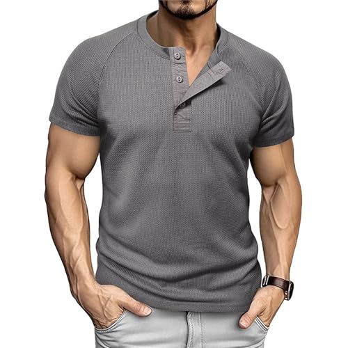 Men Quarter Button Waffle Henry Shirts Round Collar T Shirt for Business Work Summer Loose Trendy Pullover Tops (Dark Grey,Large)
