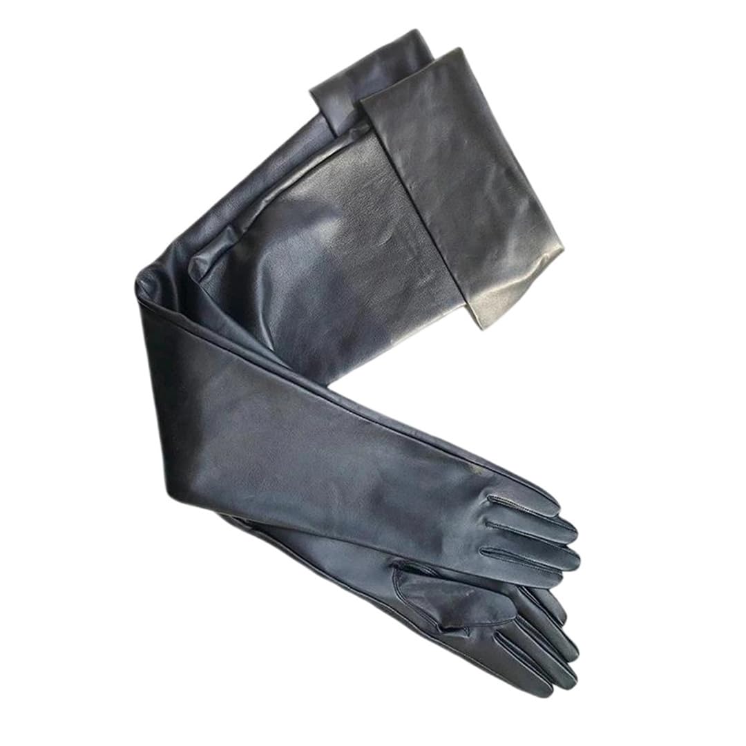 Kelsiop Damen maßgeschneiderte lange Lederhandschuhe extra lang schwarz doppellagig Schaffell Touchscreen Winterstil
