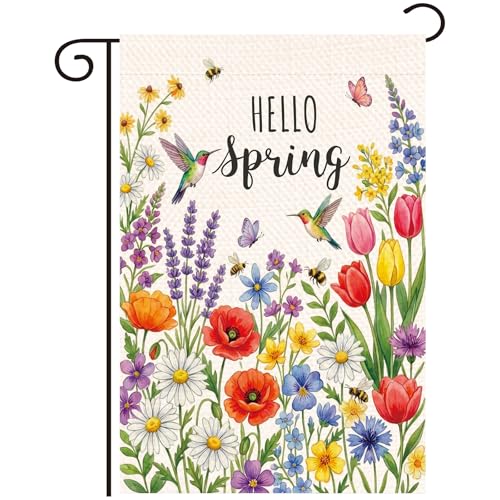 Spring Summer Floral Welcome Garden Flag Hello Spring Tulip Lavender Garden Flag 12x18 Inch Double Sided 12x18 Inch Double-Sided Linen Holiday Outdoor Yard Decorative Flag
