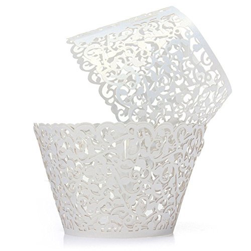Gospire 50 pcs Pearl Lace Filigree Wedding Cupcake (White)