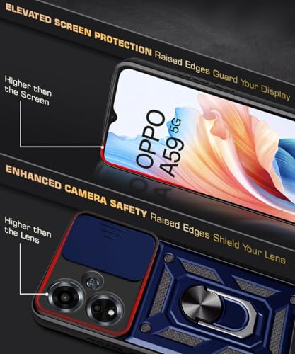 Image of WOW IMAGINE Tough Armor Bumper Mobile Back Case for Oppo A59 5G | Sliding Camera Shield Cover | Shock Proof 360 Protection | Hybrid PC + TPU | Ring Holder with Kickstand - Blue