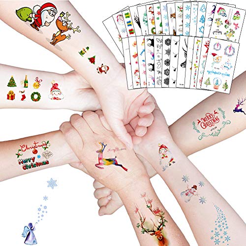 Christmas Temporary Tattoos, Snowflake/Santa Claus/Snowman/Reindeer Tattoo Stickers for Kids Stocking Stuffers Xmas Party Goodie Gift Bags Favors (Colorful)