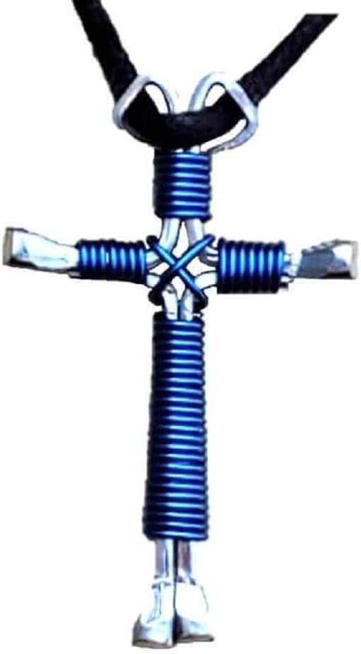 Royal Blue Hand Made Horseshoe Nail Cross Necklace Made in the USA