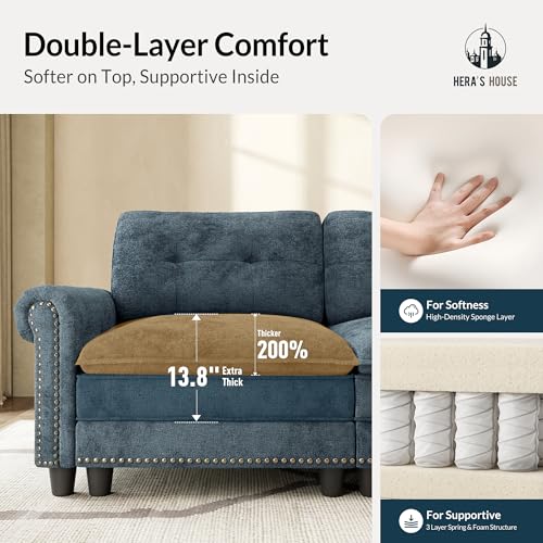 Image of HERA'S HOUSE Modular Sectional Sofa and Chair Set for Living Room 3-Piece | Mid-Century Modern 5-Seater Cloud Sofa Set, Cyan, Rolled Arms & Nailhead Trim, Wider & Deeper Seats, Chenille Furniture Set