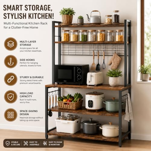 Image of 5-Tier Kitchen Organizer Rack-Multipurpose Microwave Stand for Kitchen Platform & OTG Oven-Steel Utensils Storage Shelf with Hooks - Engineered Wood & Metal Rack for Home- 100x40x170 cm - Rustic Brown