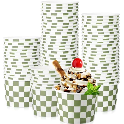 Image of Zopeal 50 Count Sage Green Checkered Ice Cream Cups Disposable Race Car | Dessert Bowls 9 oz, Paper Ice Cream Bowls, Birthday Party Supplies, Snack Cups Sundae Picnic Yogurt Bowls for Food