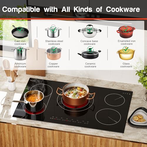Image of Karinear 36 Inch Electric Cooktop, 5 Burners Electric Stove Top, Drop-in | Flexible Bridge &Triple Ring Expandable Burners, Pause, Timer, Child Lock, 9600W, Built-in Ceramic Cooktop 220-240V HardWired