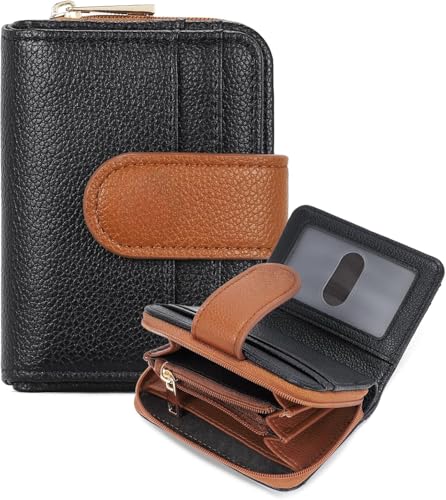 Small Bifold Genuine Leather Wallet for Women RFID Blocking with Zipper Coin Pocket (Black Brown)