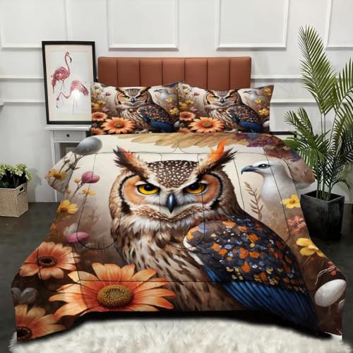 Fotmung Edredón Nordica Cama 90-150x200 cm BúHo 3D con Flores, Ligero Edredón en Microfibra 150 x 200 cm para Juveniles, Juego de Ropa de Cama con 2 Funda de Almohada-A33