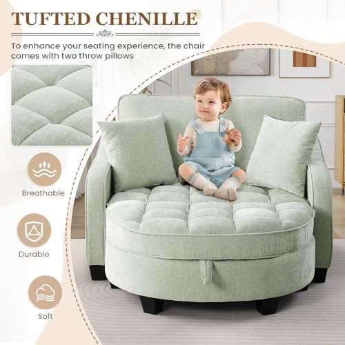 Image of Oversized Chair and A Half, Chenille Tufting Accent Cozy Reading Sofa Chair with Storage Ottoman, Upholstered Loveseat Chaise Lounge Sofa with Adjustable Back for Living Room, Office, Sunroom,Cyan