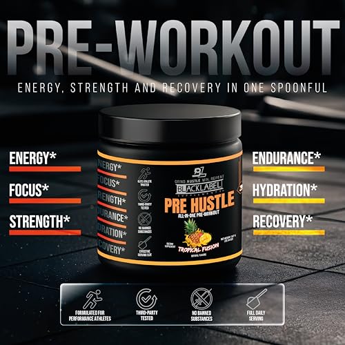 Image of Blacklabel PRE Hustle V3 NSF Certified for Sport Pre-Workout Powder | Tropical Fusion, Energy, Strength & Endurance Support With Creatine & Caffeine, 30 Servings
