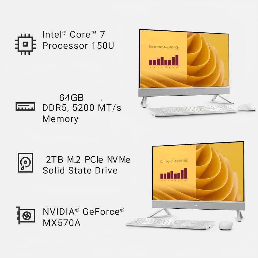 Image of Dell Inspiron 7730 All in One Touchscreen Desktop Computer, Intel 10-Core 7 150U (Max 5.4GHz), 27 inch FHD Display, 64 GB DDR5, 2 TB SSD, NVIDIA MX570A, Windows 11 Pro, Wi-Fi 6E, Wireless KB Mouse Set