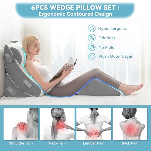 Kingfun 4pcs Orthopedic Bed Wedge Pillow Set for Post Surgery, Memory Foam for Sleeping, Adjustable Leg, Back and Arm Support, Sitting Up and Rest Pillow with Travel Bag