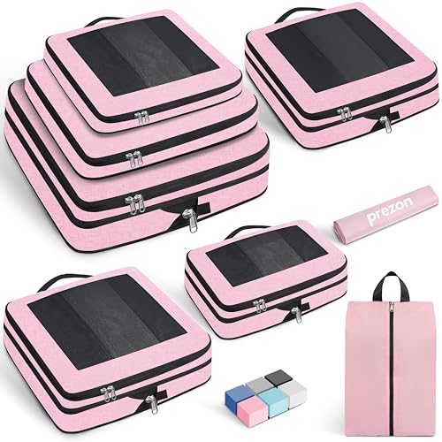 8 Set Compression Packing Cubes for Suitcases, Full Open & Visible Design, Luggage Organizer Bags Set for Carry on, Travel Essentials Travel Gifts for Women with Laundry Bag and Shoe bag
