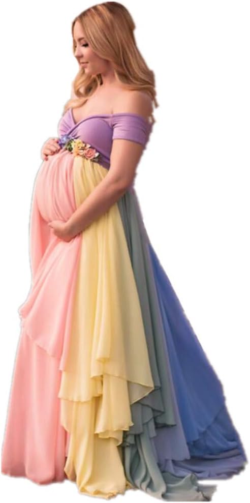 Rainbow Maternity Evening Dress High Waist for Pregnant Women Plus Size Lace up Back