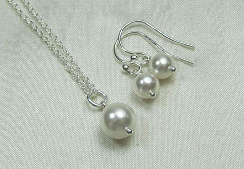 Bridesmaid Jewelry Set Swarovski Crystal/Simulated Pearl Necklace Earrings Sterling Silver Wedding Jewelry Sets for Brides