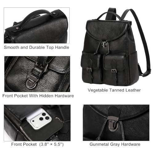 Image of COOLCY Women Vintage Genuine Leather Backpack Purse Fashion Rucksack Practical and Stylish Retro Daypack Bag (Black)